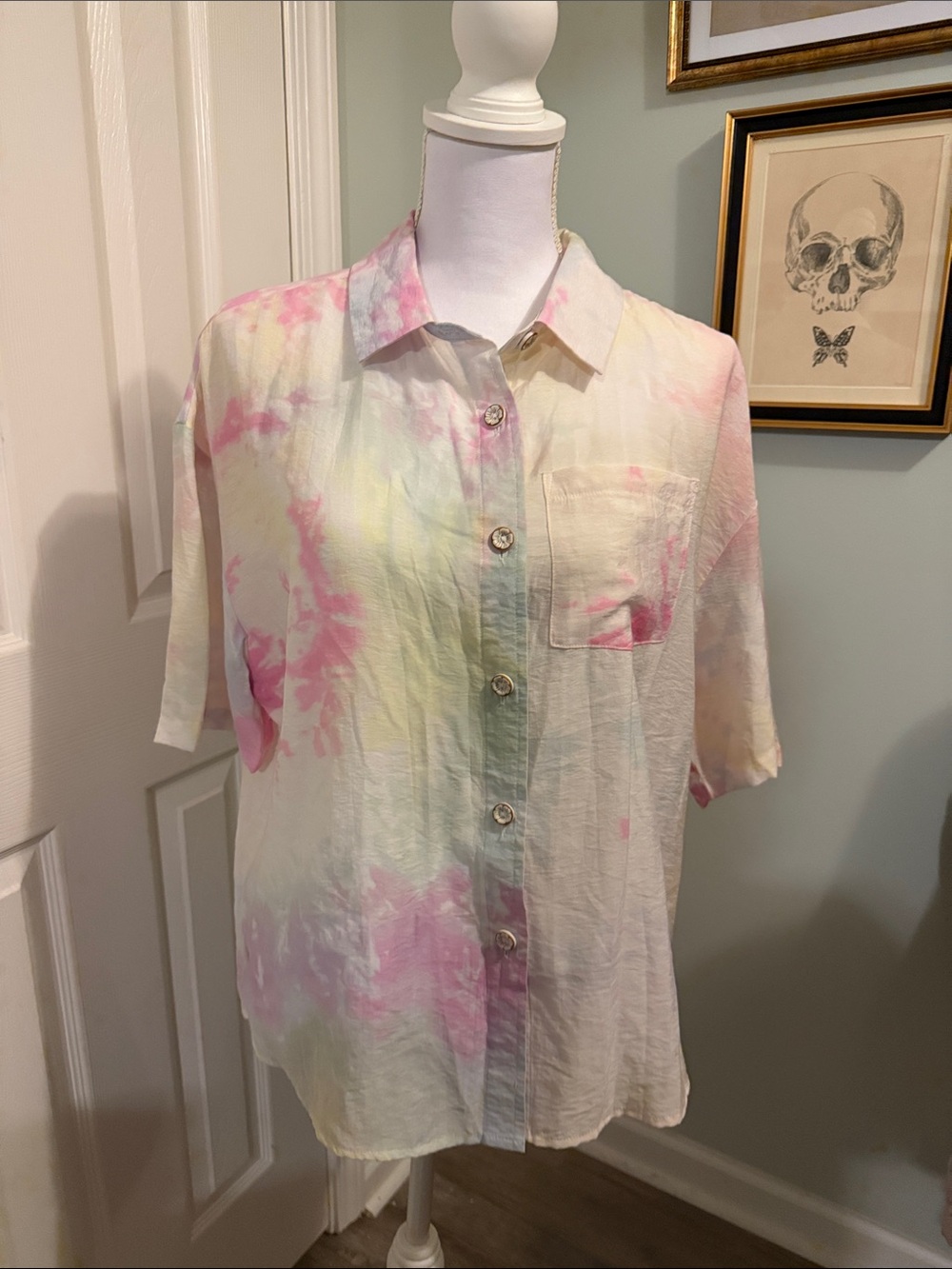 POL Pastel Tie-Dye Short-Sleeve Button-Down Shirt - Pink, Yellow, Blue